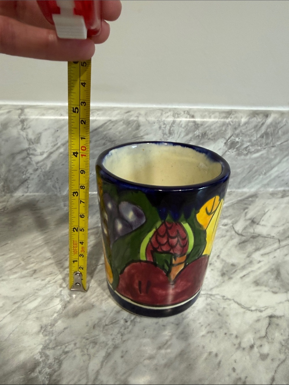Mexico Hand-Painted Ceramic Fruit Tumbler  Planter Holder with Blue Rim - Picture 9 of 14